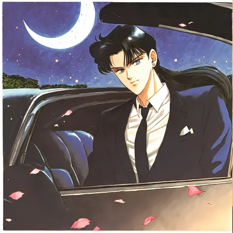 1boy,solo,long hair black, long low ponytail,blue eyes,crescent moon silver earrings, sexy theme,petals,traditional media, sexy handsome boy black suit , he is sexy, he is sitting in the black car, spring morning 

