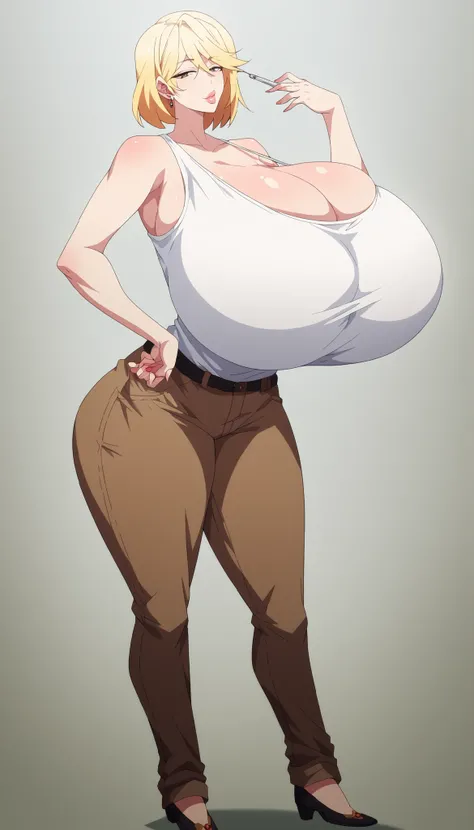 seductive face, Milf, white woman, high cheekbones, sleek hair, short hair, bangs, blonde hair, big lips, glossy pink lips, pale skin, tall, curvaceous, brown pants, white tank top, wide hips, HyperSag, huge breasts, gigantic breasts,score_9, score_8_up, s...