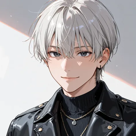 (masterpiece, high resolution, best quality)、1 male、handsome, 30 years old, tall、 silver hair with the same background、 dark eyes 、bangs、重いbangs、bangsで目が隠れている、smile、Black turtleneck costume、 black leather jacket 、 necklace、Eyes are hidden by、Front 、dyna...