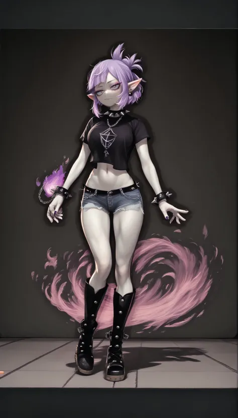 ((My Hero Academia style)), ((Amity Plague)), (The Owl House), high resolution, ultra detailed, (Only 1 girl), (((pale skin:1.5))), ((a chic)), ((full body)), (((Short dark shirt that only reaches the navel))), ((Exposed abdomen)), (( elf ears))), ((Sleepy...
