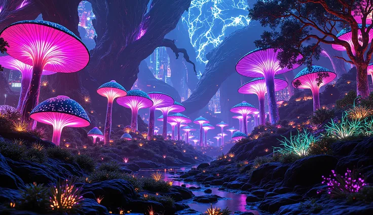 scifi, cyberpunk art, neon lights, neon colors, A vibrant forest filled with bioluminescent giant mushrooms and plants and creatures, with a futuristic city in the background.: realistic, concept art, perfect art, natural lighting, colorful, james jean, sh...
