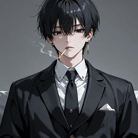 (masterpiece, high resolution, best quality)、1 male、handsome, 30 years old, tall、 black hair、 dark eyes 、bangs、重いbangs、bangsで目が隠れている、black shirt costume、Eyes are hidden by 、dynamic、root、is expressionless,Looking down,desaturated,Full shot,bust,cigarette...
