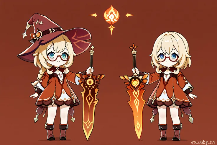 Mavuika Daughter, (Genshin Impact), little cute girl, full view, Azul eyes, blonde short air with 2 braid, smiled, little, cuddy cheeks, elegant Natlan red dress (Red Witch), glasses, have a giant fire sword phenix, smiled, Vision Pyro, full body (more det...