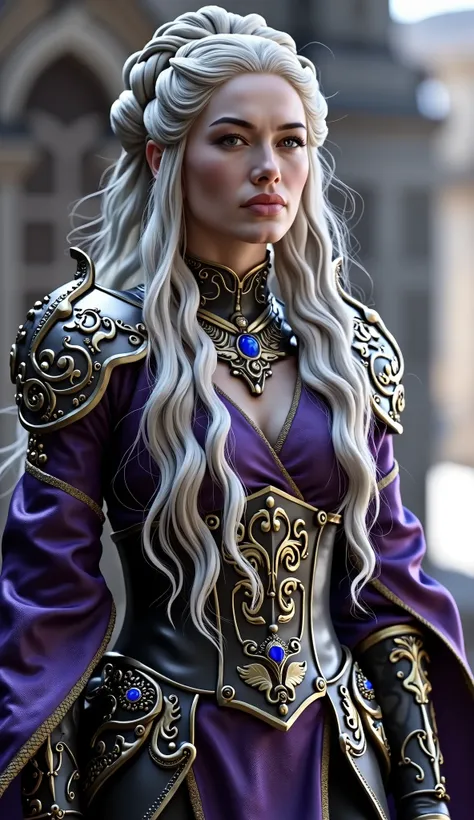 Sindel from Mortal Kombat humanized and brilliant hyperrealistic image in a majestic interpretation: Imposing queen of Edenia. Wearing purple and silver armor adorned with dark details , she exudes an aura of absolute power , , combining the elegance of ...