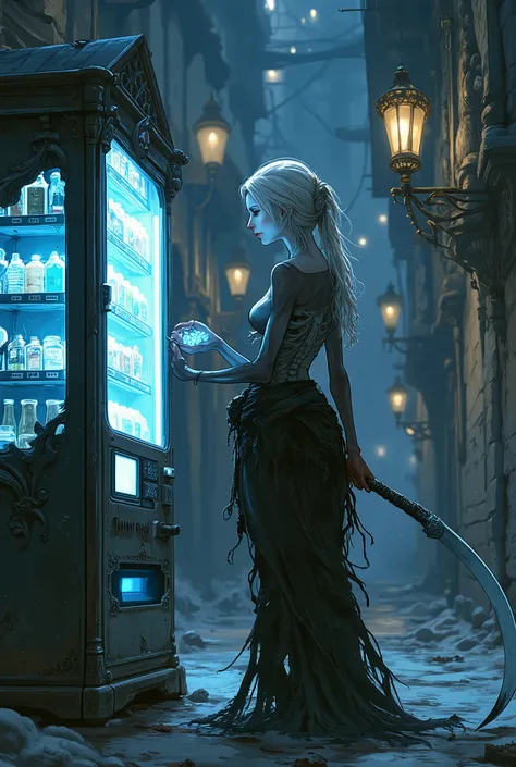 A gorgeous lady death (sexy woman, pale, pale hair, semi translucent body, skeleton visible through body, tattered black robe, large scythe), a resigned look on her face, she approaches a vending machine in a dark gothic city with intricate stone work and ...