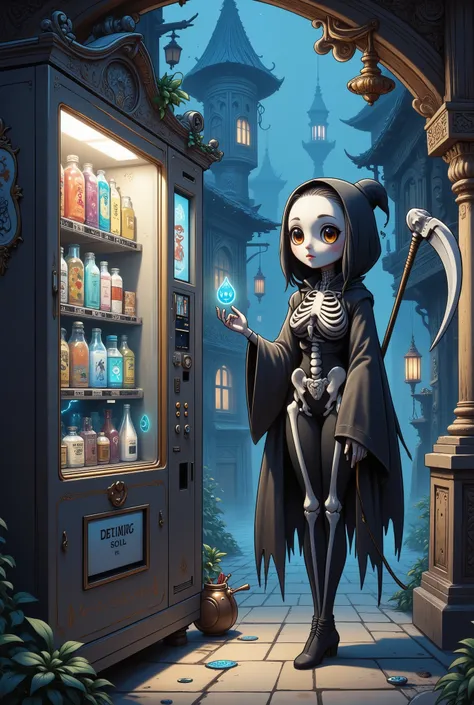 A gorgeous lady death (sexy woman, pale, pale hair, semi translucent body, skeleton visible through body, tattered black robe, large scythe), a resigned look on her face, she approaches a vending machine in a dark gothic city with intricate stone work and ...