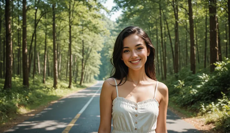 A photo of an American girl with dark hair wearing a light sundress, standing in front of a forest near a road. She is smiling and looking directly at the camera, her ample bust prominently featured