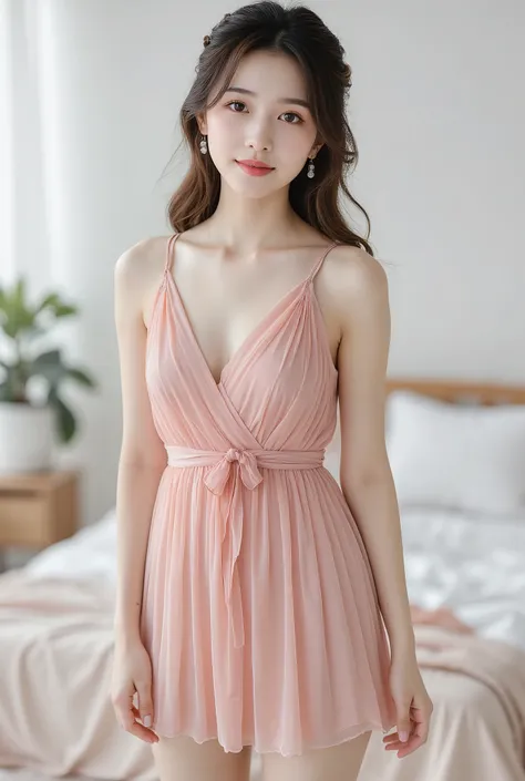A full body picture of a 20 years old japanese woman with thick lips, show armpit, brown hair, huge lips , thick thighs, detailed face with black eyes. Full body, small waist, smile, pink dress, standing on floor,