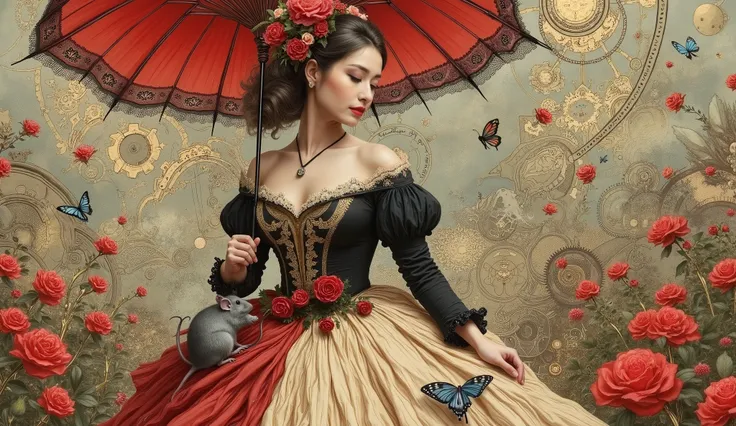 The image depicts a steampunk-inspired scene with an elegant woman with an intricate hairstyle decorated with ornate roses and faux. } She's wearing a vintage-style dress with a tight black blouse and a voluminous cream-colored layered skirt adorned with r...