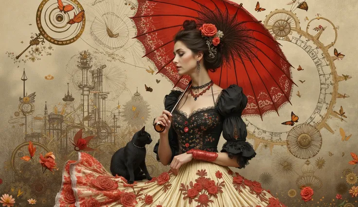 The image depicts a steampunk-inspired scene with an elegant woman with an intricate hairstyle decorated with ornate roses and faux. } She's wearing a vintage-style dress with a tight black blouse and a voluminous cream-colored layered skirt adorned with r...