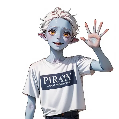 score_9, score_8_up, score_7_up, a blue young alien male who is very smart, white hair, skinny, shirt, top of his class, adorable, white background. Waving at Viewer. Humanoid in apeance. ((Blue skin))