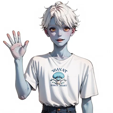 score_9, score_8_up, score_7_up, a blue young alien male who is very smart, white hair, skinny, shirt, top of his class, adorable, white background. Waving at Viewer. Humanoid in apeance. ((Blue skin))