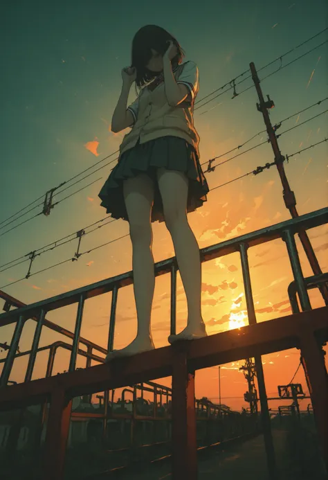 A girl standing in balance on a metal railing ,feet on the railing,Floating legs,handrail under the legs,legs in balance,from below,school uniform, looking down,great height,One hand making the gesture and the other touching her hair,full body,cables and b...