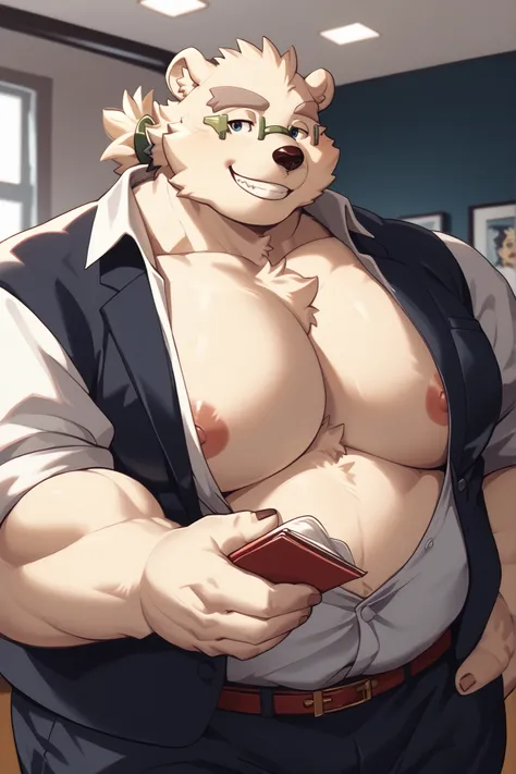 Furry,Muscular,boi,big,big breasts,,furry male polar bear,,Leib(Housamo),Tokyo after School summoners,,Wearing butler's clothes,big chest, big pecs,chest big,big, butler,smile,obese
