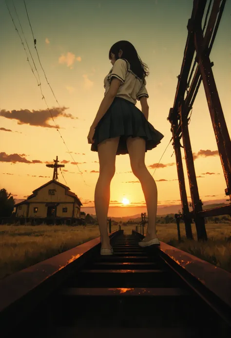 A girl standing balancing on a metal handrail ,Feet on the handrail,floating legs,handrails under the legs,legs in balance,from below,school uniform, looking down,great height,Making the V and the other gesture on her face by hand,full body,cables and back...