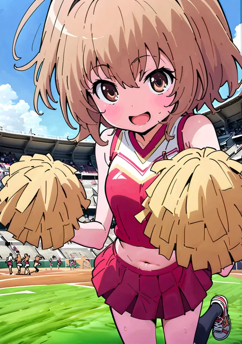 TaigaAisaka, Aisaka Taiga, solo,long hair, brown hair, brown eyes,smile,cover,opens her mouth, small ,(Cheerleading), (full body),  on chest, (I sweated), I sweated Wet Clothes, (Red clothing),sleeveless,  red pleated skirt,black socks,sneakers with a lady...