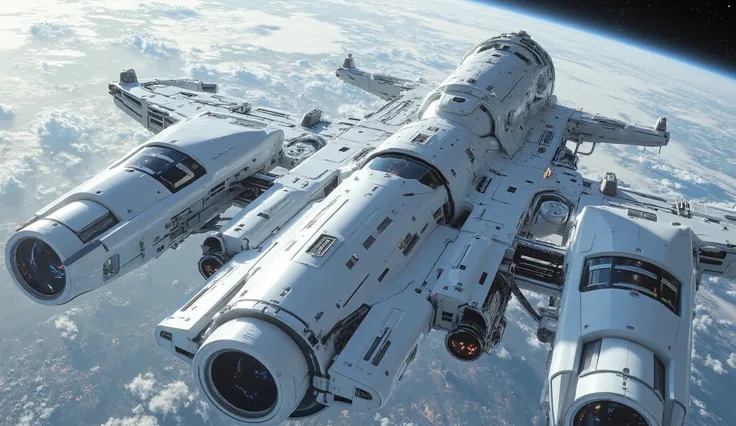 Design an ultra-realistic, highly detailed 8K render of a robotic white space station orbiting a helid planet. The station should feature a sleek, futuristic design with thousands of tiny windows, metallic surfaces, and intricate mechanical details. Emphas...