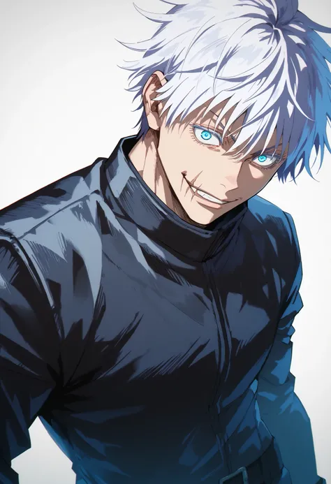 1boy, looking at viewer, simple background, keen eyes, smirk, white hair, blue eyes, scar, evil, gojou satoru, colored eyelashes, hair between eyes, black leather jacket, black pants, cowboy shot angle, masterpiece,best quality,amazing quality,high resolut...