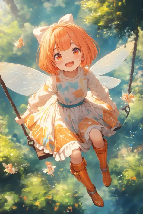 score_9, score_8_up, score_7_up,solo,sherryg,a girl\(pink orange bob hair,big orange eyes,open her mouth,big smile),clothes\(white fluffy long one piece dress, orange cute patterns on the dress,orange laser boots with white bow\),she is riding on swings,a ...