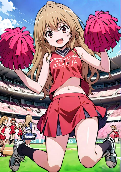 TaigaAisaka, Aisaka Taiga, solo,long hair, brown hair, long hair,brown eyes,Glowing Skin,smile,cover,opens her mouth, small ,(Cheerleading), (full body), on chest, (I sweated), I sweated Wet Clothes, (Red clothing),sleeveless, red pleated skirt,black soc...