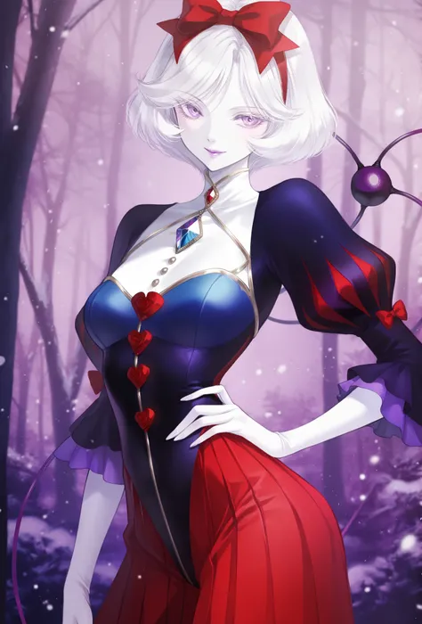 masterpiece, best quality, amazing quality, newest, very aesthetic, 1girl,Layered white hair with shades of purple,violet eyes,diamond shape eyeball,snow white skin,classic outfit from the 90s,smile,violet soft lips,covered body,one arm on hip and the othe...