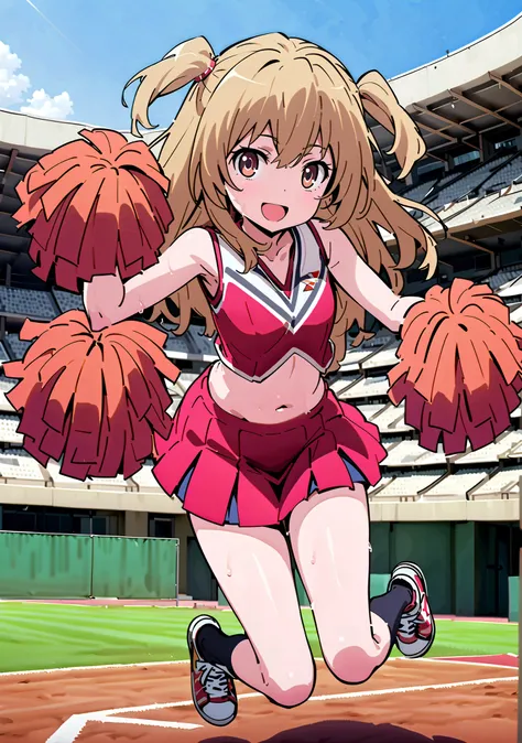 TaigaAisaka, Aisaka Taiga, solo,long hair, brown hair, long hair,brown eyes,Glowing Skin,smile,cover,opens her mouth, small ,(Cheerleading), (full body), on chest, (I sweated), I sweated Wet Clothes, (Red clothing),sleeveless, red pleated skirt,black soc...