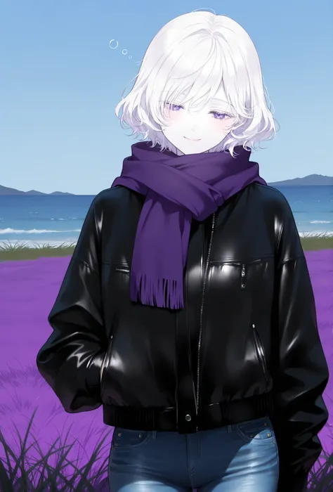 masterpiece, best quality, amazing quality, newest, very aesthetic, 1girl,realsim,realstic,snow white skin,ocean wavy hair,violet eyes,black jacket,violet scarf,jeans,covered body,smile,sleepy eyes,upper body,grass and sky background