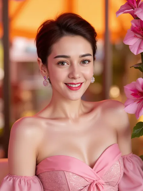 highest quality,4K,8k,High resolution,masterpiece:1.2,Very detailed,Physically Based Rendering,(cute,Adorable,Charm) woman,Beautiful fine details,Beautiful lip detail,Long eyelashes,(Shiny,Shiny) pixie short hair,stylish haircut,(stylish,fashionable) pink ...