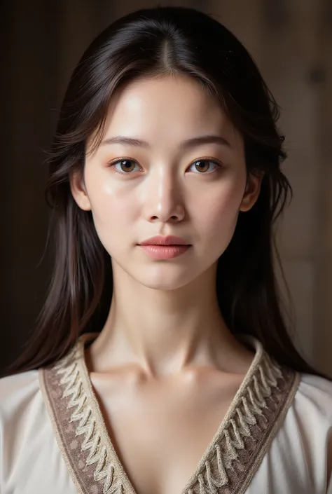 (masterpiece), breathtaking ancient woman, (ancient dress), (close up portrait), neat and ordery hair, (frontal view), highlighted intricate details, ultra detailed facial features, harmonious color palette, showcasing grace and beauty, winning award quali...
