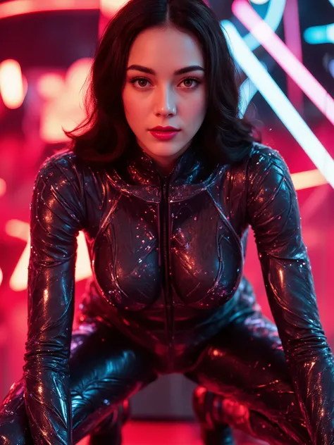 Amid a sea of red lights, she crouches—poised and untouchable. Her jet-black hair and lacquered boots mirror the gloss of her crystal-studded bodysuit, all sharp lines and fierce geometry.