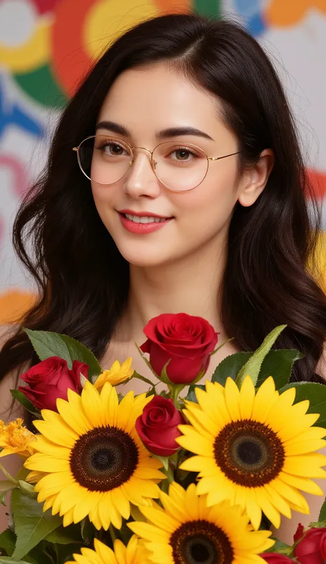 (8K, RAW Photos, Highest quality、masterpiece:1.2), (Realistic、Realistic:1.37), Very detailed, High resolution, Beautiful woman wearing gold round glasses, long black hair, bouquet of sunflower and red roses, bright colors, smiling, 8k quality, cinematic f...