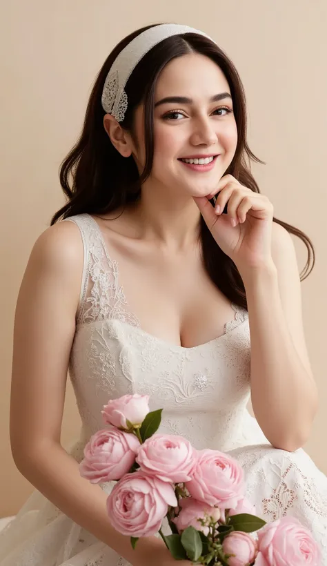 (8K, RAW Photos, Highest quality、masterpiece:1.2), (Realistic、Realistic:1.37), Very detailed, High resolution, 1 girl, laughing, View your viewers, dress, Beautifully detailed face、(Holding a bouquet:1.3),Beautiful and detailed skin、Skin Texture、Floating H...
