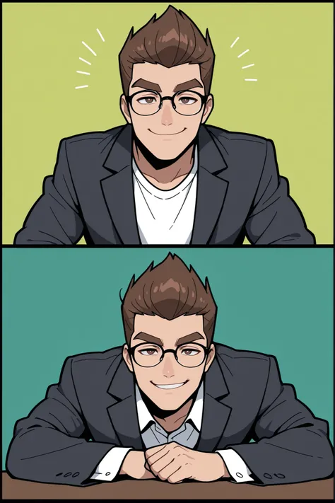 (best quality:1.1), (ultra-detailed), best illustration, (portrait:1.1), (cartoon drawing), oung man, (((boy))), alone, (medium quiff brown hair), (brown eyes with detailed prescription glasses with a black frame), (brown eyebrows), (wearing a shirt and a ...