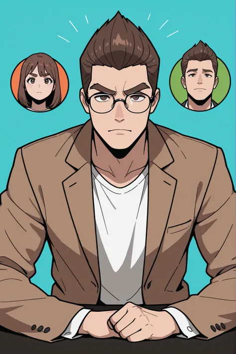 (best quality:1.1), (ultra-detailed), best illustration, (portrait:1.1), (cartoon drawing), oung man, (((boy))), alone, (medium quiff brown hair), (brown eyes with detailed prescription glasses with a black frame), (brown eyebrows), (wearing a shirt and a ...