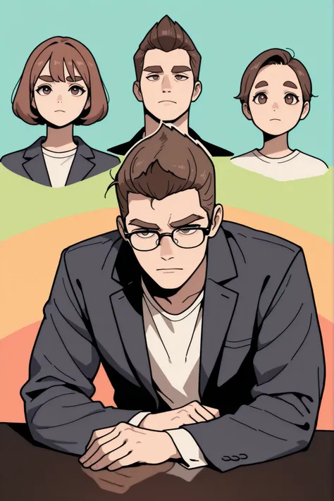 (best quality:1.1), (ultra-detailed), best illustration, (portrait:1.1), (cartoon drawing), oung man, (((boy))), alone, (medium quiff brown hair), (brown eyes with detailed prescription glasses with a black frame), (brown eyebrows), (wearing a shirt and a ...