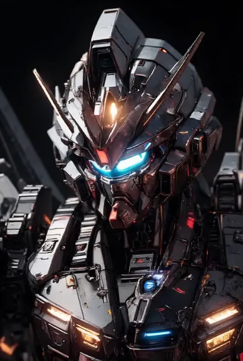 gundam head, realistic, black background, katoki style
