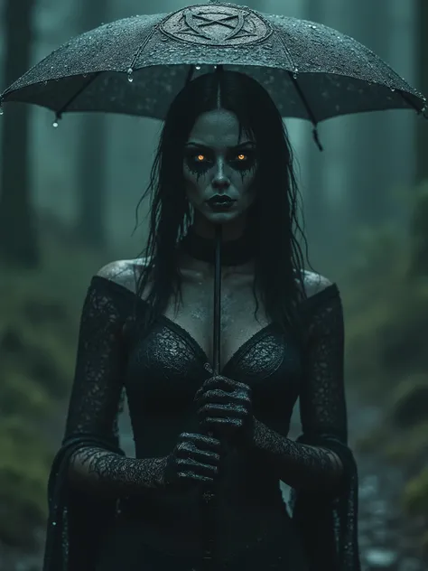 Beautiful half nude dark haired cosmic entity woman in stockings and chainmail shirt, standing in the rain,rain dissolving her face, half rotten face and skull exposed face, holding a umbrella made of bones and feathers,sensual art, satanic occult black me...