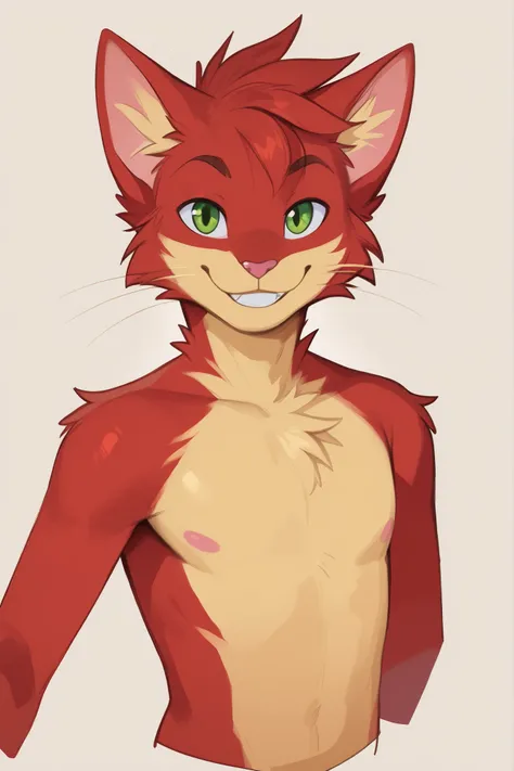 A red cat is white, green eyes, male, anthropomorphic, thin body, smiling expression, showing all body in front of body while holding a simple golden sword.
