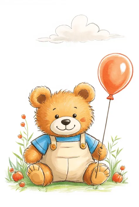 Cute brown teddy bear drawing, sitting in a white background , wearing a beige salopette and a blue shirt , keeping a baloon