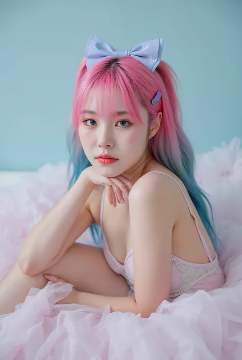 Realism，4K，Real girl, wh3ein, transparent leggings, [ [ blue bow  ,   pink hair , Hair gradient blue, Purple hairpin ,  the color of her underwear ,   You can take a quick look ,  It's light pink  .,Pure school, A pretty girl,thigh