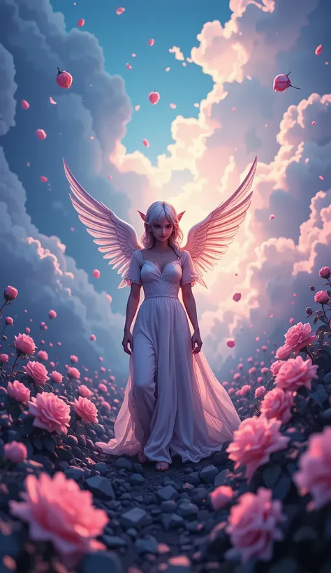 Award winning, amazing, UHD, 8k, Otherworldly, ethereal, surreal, celestial, In the ruins of roses, an angel lingers - petals gleam with spectral radiance, the soft-focus dream of a divine soul caught in beauty’s snare.