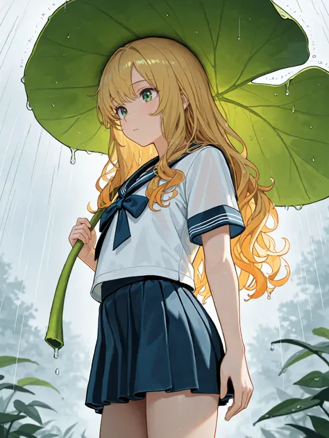 (masterpiece), Best Quality, completely complete, solo, small, Light color,
semi-long hair, wave hair, short bang, ( Gold:1.2), green eyes, Flat chest, Rainy Day, (sailor uniform:1.2), (blue miniskirt), leaf umbrella, Ultrafast air flow, (face close-up:0....