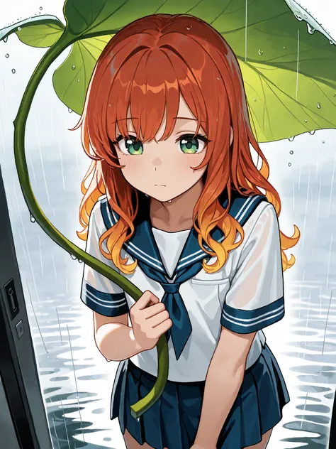 (masterpiece), Best Quality, completely complete, solo, small, Light color,
semi-long hair, wave hair, short bang, ( Gold:1.2), green eyes, Flat chest, Rainy Day, (sailor uniform:1.2), (blue miniskirt), leaf umbrella, Ultrafast air flow, (face close-up:0....