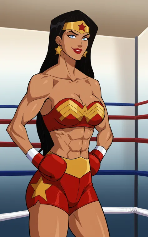 score_9,score_8_up,score_7_up BREAK wonderAP,1girl, solo, long hair, blue eyes, black hair, bare shoulders, jewelry,earrings, dark skin, exposed breats, topless, red boxing shorts, red boxing gloves, smiling, closed mouth, standing, sultry expression, bedr...