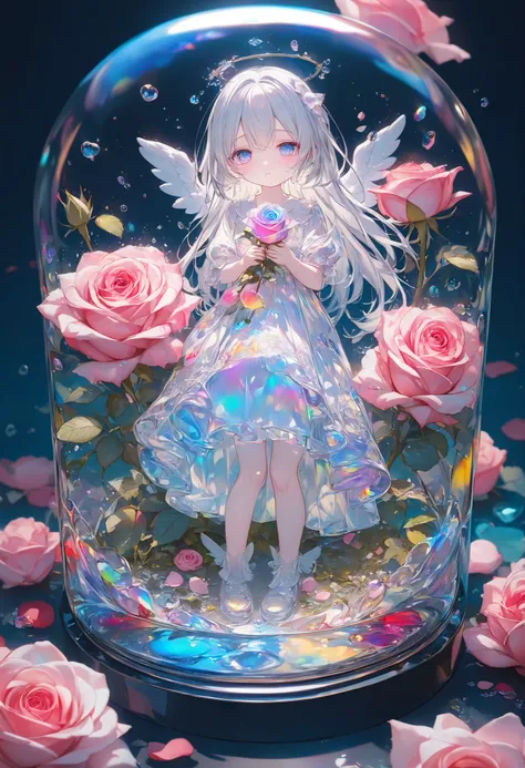 ultra detailed, absolutely resolution, masterpiece, highly detailed, sharp focus, vivid colors, soft lighting, cinematic composition, close-up of a transparent glass rose, petals crumbling into pieces, pollen scattering, a rose chibi cute angel dwelling in...