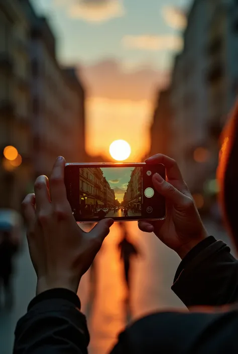 Thumbnail for a photography ebook where the focus is on training the photographic eye, a cell phone pointed somewhere taking a picture, or a hand holding a camera photographing a beautiful place in the city at sunset, with orange and green hues, striking a...