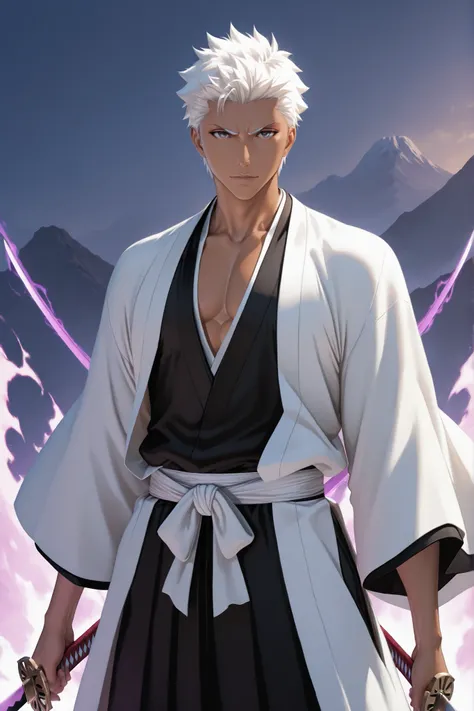 masterpiece, ultra-detailed, 4k, hd, perfect lighting, best quality, detailed face, detailed eyes, realistic texture, perfect eyes, perfect hands, beautiful, vivid colors, mature man, white hair, sharp and confident expression, ((wearing a black kimono and...