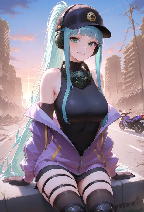 masterpiece, best quality, amazing quality, hyper-detailed, newest, high resolution, very aesthetic 4k, anatomically correct, 1girl, solo, pale blue hair, long hair, blunt bangs, long side locks, ponytail, green eyes, medium breasts, slim, tactical clothes...