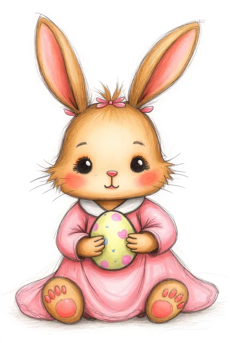 Cute brown female plushie bunny drawing, sitting in a white background , wearing a pink dress and a tiny pink ribbon up the head , keeping an easter egg