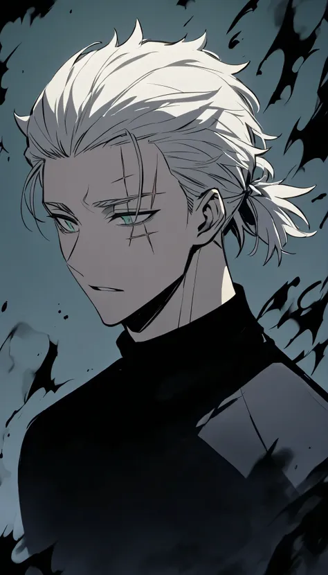 Handsome, alone, male, a hair, loosely gathered tied behind the head hair, slicked back hair, scar on the left eye, white hair, black white jade green odd eye, black sweater , black flame, upper torso